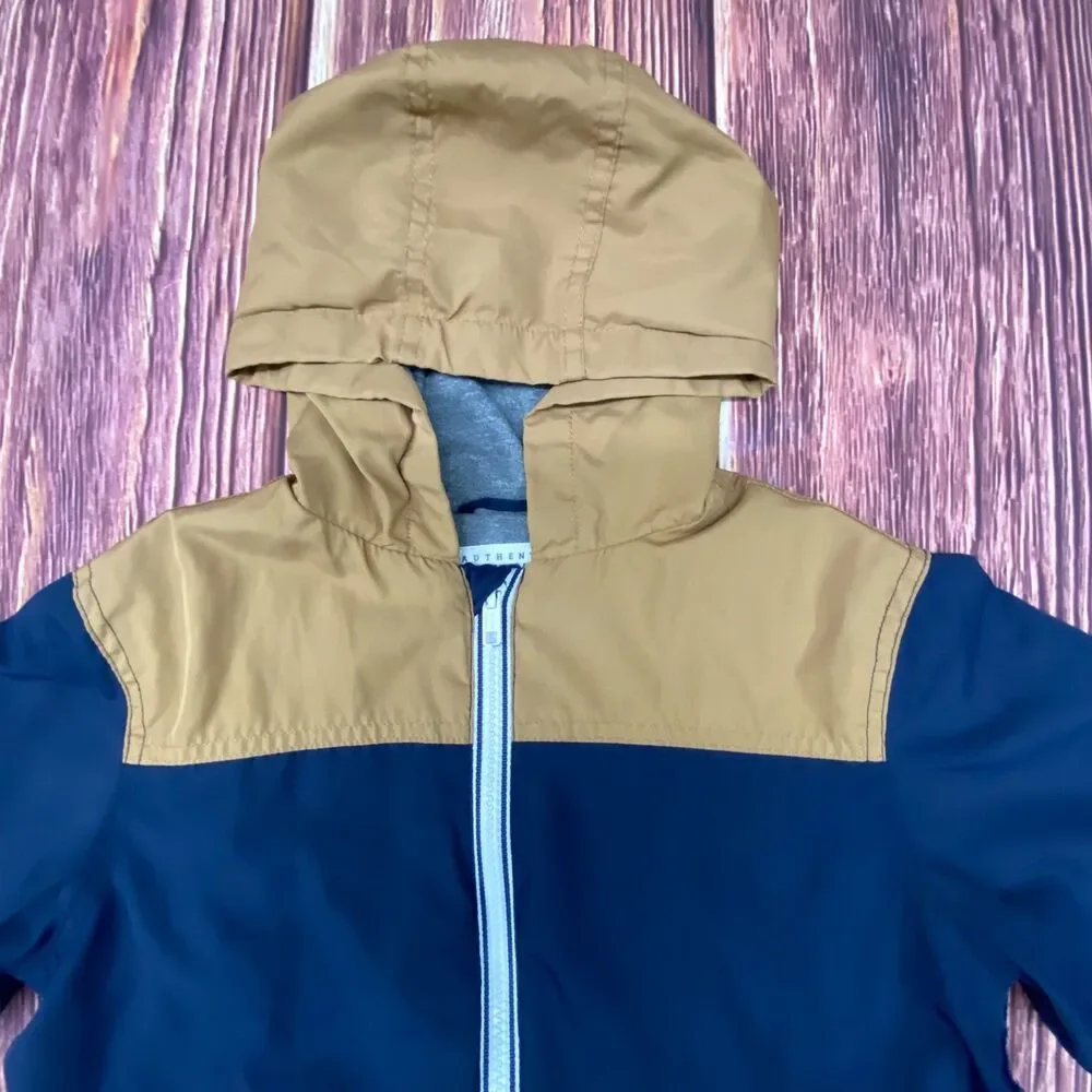 Gymboree Boys Hooded Jacket Lined Coat Tan Navy Size 5-6 Fall Winter Pre-Owned
